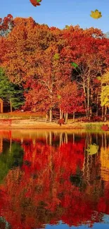 Lake reflection with vibrant autumn foliage in stunning colors, perfect for wallpaper.