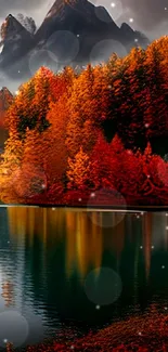 Autumn forest and lake reflection with mountains in the background.