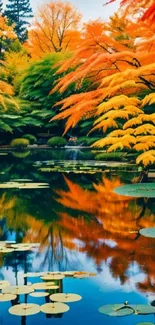 Vibrant autumn leaves reflect on tranquil lake.