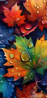 Vibrant autumn leaves with water droplets.