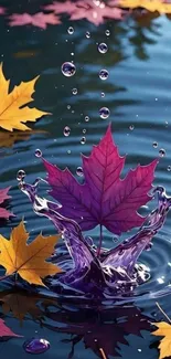 Vivid purple leaf splashes in serene autumn water.