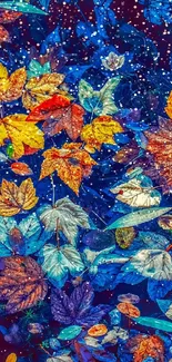 Vibrant autumn leaves in colorful blue shades.