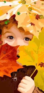 Child peeking through colorful autumn leaves in vibrant fall hues.