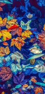 Vibrant artwork of colorful autumn leaves in blue, red, and orange hues.