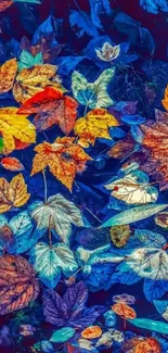 Vibrant autumn leaves floating on water in a colorful phone wallpaper.