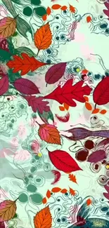 Vibrant wallpaper with red autumn leaves and intricate patterns.