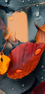 Vibrant autumn leaves with raindrops on teal background.