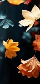 Vibrant orange and green autumn leaves against a dark background.