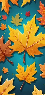 Vibrant collection of autumn leaves on a teal background, perfect mobile wallpaper.