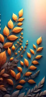 Colorful mobile wallpaper with orange leaves on a teal blue background.