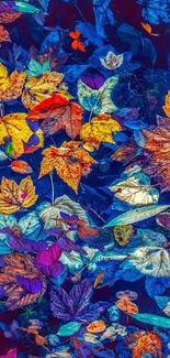 Vibrant autumn leaves floating on water. Colorful and lively wallpaper design.