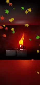 Autumn-themed wallpaper with a fiery lighter and floating fall leaves.