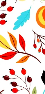 Colorful autumn-themed wallpaper with pumpkins and vibrant leaves.