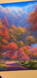 A vibrant autumn landscape with colorful trees and towering mountains.