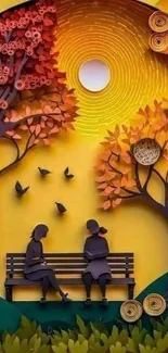 Vibrant paper art of autumn trees with a sunlit sky.