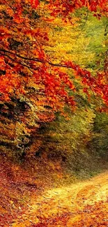 Mobile wallpaper of an autumn forest path with vibrant red leaves.