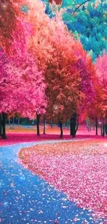 Vibrant autumn path with colorful leaves under pink foliage.