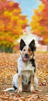 Dog sitting on a colorful, leaf-covered autumn path.