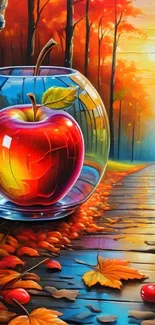 Vibrant autumn scene with red apple and sunlit path in colorful forest.