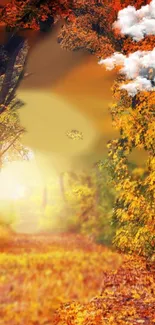 Autumn forest path with golden leaves and sunlight in vibrant orange hues.