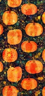 Colorful wallpaper with orange pumpkins on a dark artistic background.