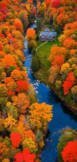 Aerial view of a vibrant autumn river landscape with lush foliage.