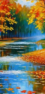 Vibrant autumn river scene with colorful leaves reflecting in the water.