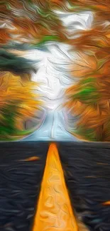 Autumn road with vibrant swirling colors and fall foliage.