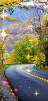 Vibrant autumn road with colorful foliage and winding path.