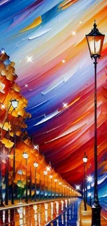 Vibrant autumn night street art wallpaper with glowing lampposts.