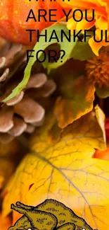 Thanksgiving themed wallpaper with vibrant flowers, pumpkins, and leaves.