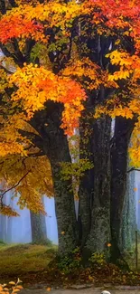 Majestic autumn tree with vibrant yellow leaves in a serene forest setting.