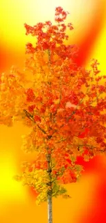 Vibrant autumn tree with red and yellow leaves on a gradient background.