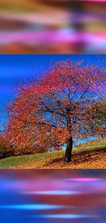 Vibrant autumn tree under a vivid blue sky with colorful leaves.