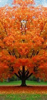 A vibrant orange autumn tree in a green landscape on mobile wallpaper.