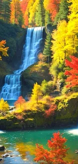 Autumn waterfall with vibrant foliage and serene forest setting.