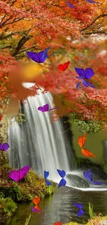 Autumn waterfall with colorful butterflies and vibrant foliage.