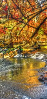 Autumn waterfall wallpaper with vibrant fall colors and tranquil water flow.