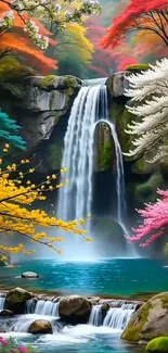 Vibrant waterfall with colorful autumn foliage.
