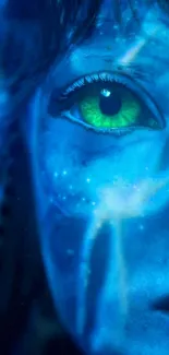 Blue Avatar-inspired face with a green eye and glowing details.