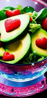 Colorful avocado with heart shapes in a vibrant bowl design.