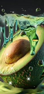 Green avocado with water splash effect as a phone wallpaper.