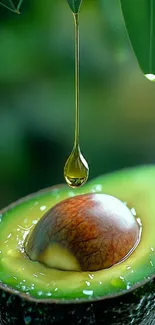 Close-up of an avocado with a hanging oil droplet.