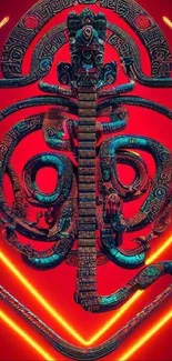 Vibrant Aztec design with red backdrop and turquoise details as phone wallpaper.