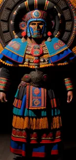 Colorful Aztec warrior in traditional attire.