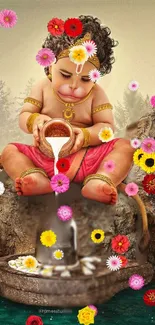 Baby Hanuman with vibrant flowers wallpaper.