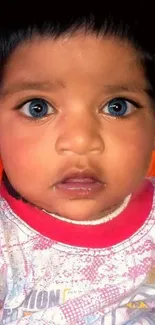 Adorable baby with blue eyes in a colorful portrait.