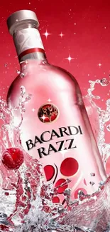 Vibrant Bacardi bottle with splash effect on red background.