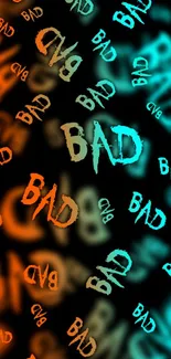 Vivid 'Bad' text pattern in blue and orange on dark wallpaper background.