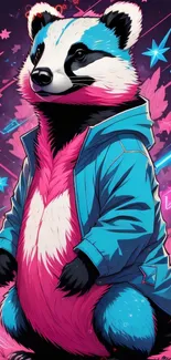 Cartoon badger in a blue jacket with neon stars in vibrant colors.